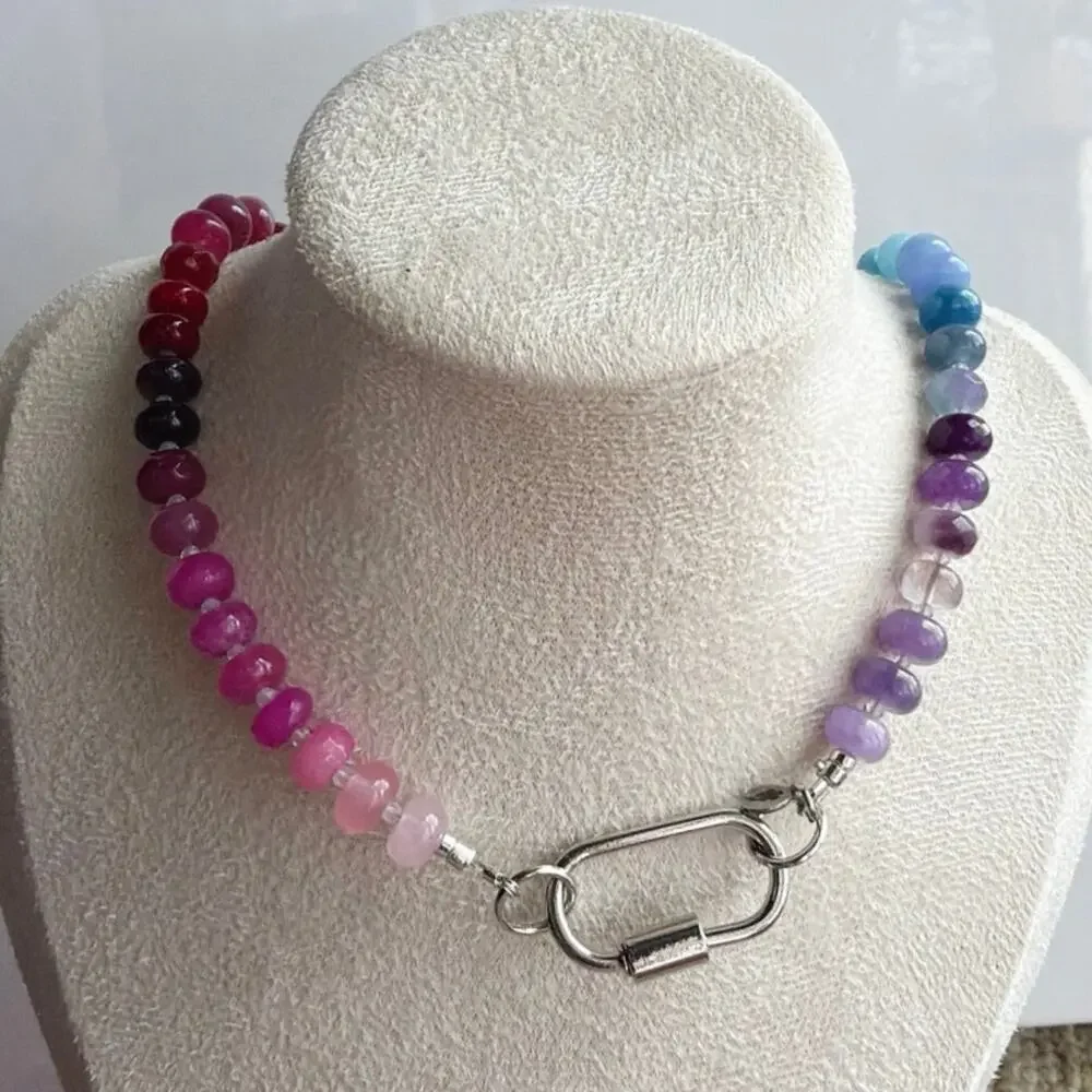Ombre Rainbow Gemstone Necklace, Semi-Precious, Silver Tone Hardware, 16